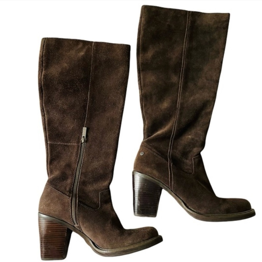 Calvin Klein HOLLYANN Heeled Boots Brown Knee High Suede Leather Size 36.5 6 HTF